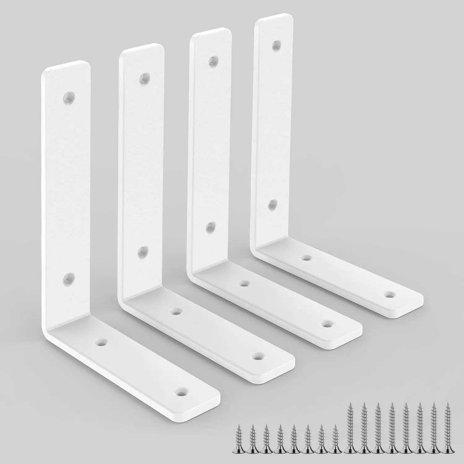 4-Pack 8-Inch White Industrial Steel Heavy-Duty L Shelf Brackets, Extra-Thick Rustic Wooden Wall-Mount Full Kit, Hardware-Included for DIY Open Shelving, Commercial Use
