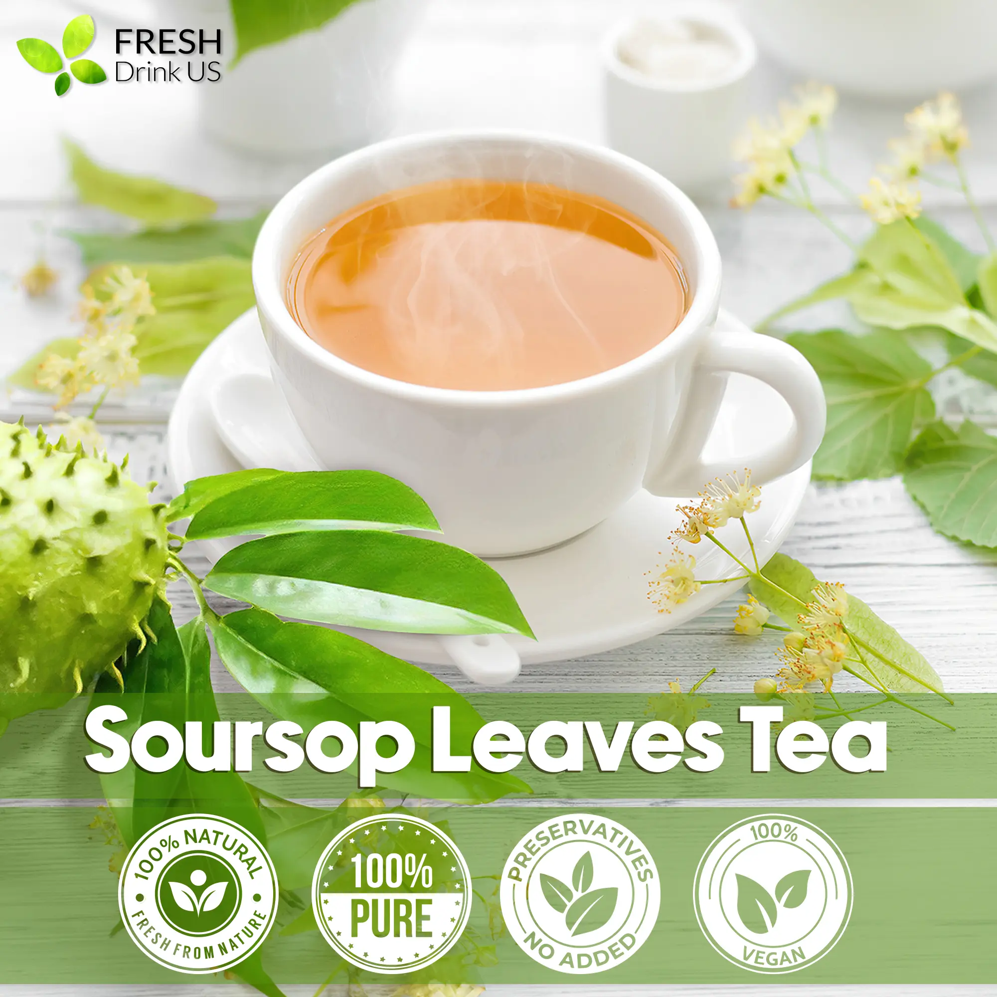 FRESHDRINKUS Soursop Tea, Premium Soursop Graviola Leaf Tea Bags, 100% Natural, No Sugar, No Caffeine, Vegan, Non-GMO, 1500 mg - Beverage, Fiber