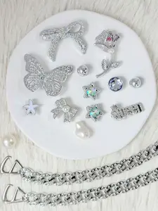 16 Piece Silver Color Sparkling Butterfly Shoe Charms, Metal Rhinestone Pearl Decorations, Light Luxury Queen Style, Fits Hole Shoes