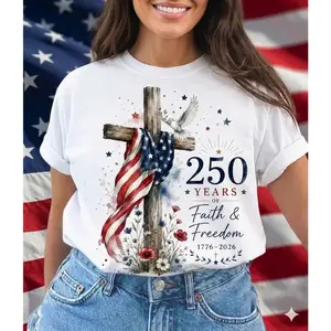 Women's  Tshirt - Americas 250th Birthday Cross Graphic, 1776-2026 Faith & Freedom, Patriotic Christian 4th of July Womenswear Top, Proud American Gift