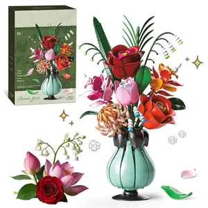 566 Piece Puzzle Buildable Flower Bouquet with Vase, DIY Artificial Rose, Rose/lotus Model Toys, Small Decorative Plant Gift for Valentine's Day, Birthdays, Mother's Day