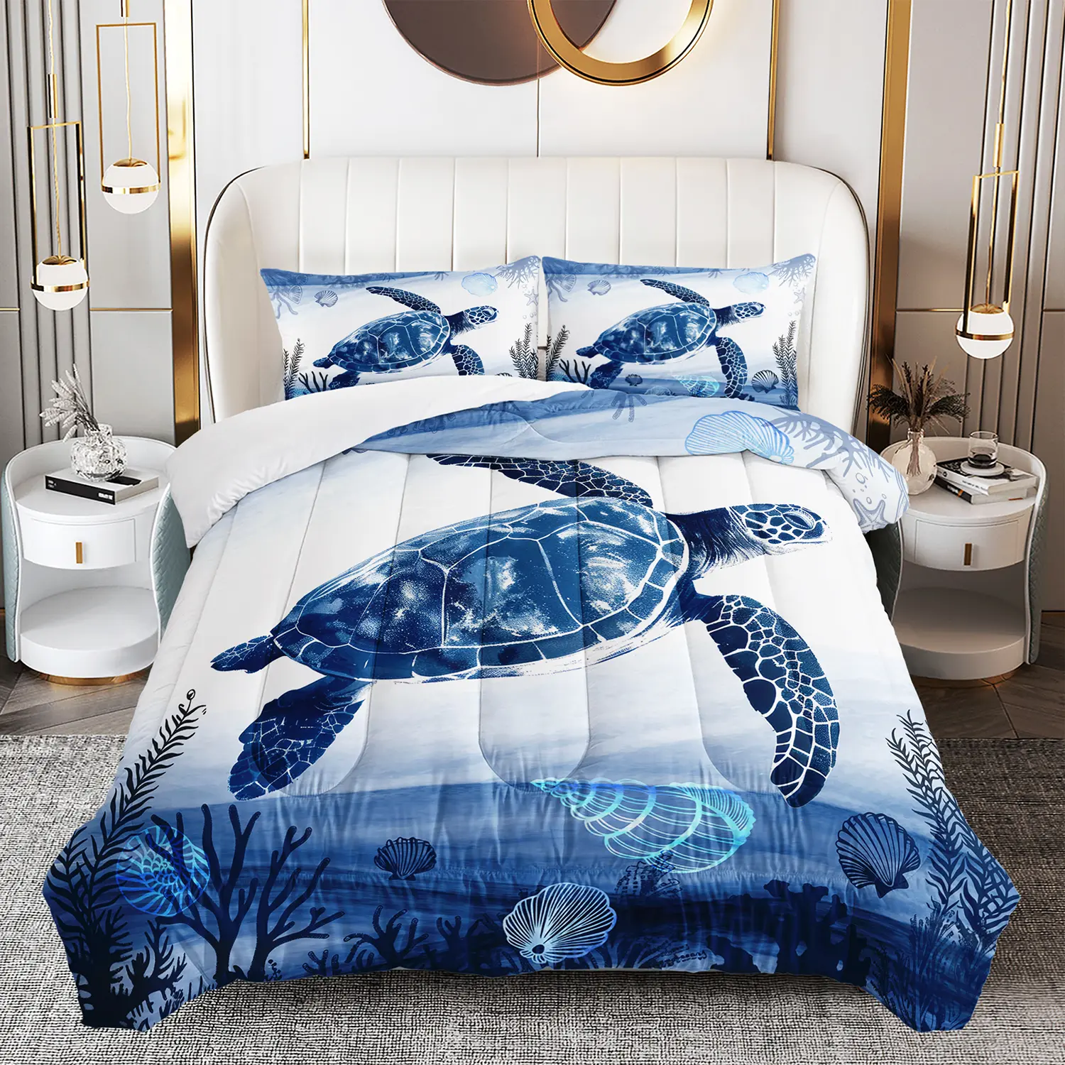 Girls' 3-Piece Queen Sea Turtle Animal Print Lightweight Microfiber Duvet Set - Blue Beach Coastal Bedding, Soft Warmth, All-Season Machine-Wash Quilt with 2 Pillowcases, Family Guest Room Decor Gift