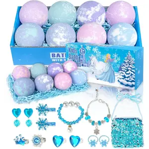 P-TBT026  Bath Bombs for Kids with Surprise Inside, 8 Pack Bath Bombs with Frozen Toys, Princess Jewelry & Cross-Body Bag, Natural Fizzy Bubble Bath Balls with Jewelry Set, Christmas Birthday Gift for Girls