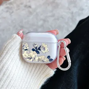 Blue and White Elegant Flowers Pattern Protective Case for AirPods 4/3/2/1/Pro/Pro2 Soft TPU Earphone Cover, Transparent with Keychain