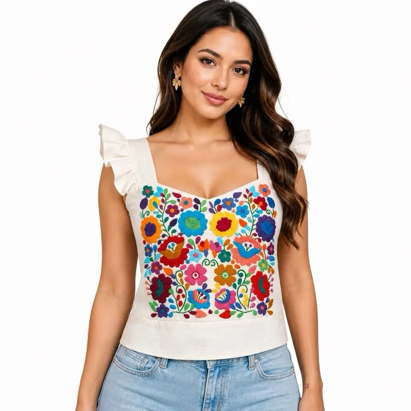 Kamila Crop Top Fits Small Medium Large Hand Embroidered Blusa Bordada a Mano Hecho en Mexico Colorful Floral Design Women's Fashion OneSize Elastic Back Shirts Womenswear