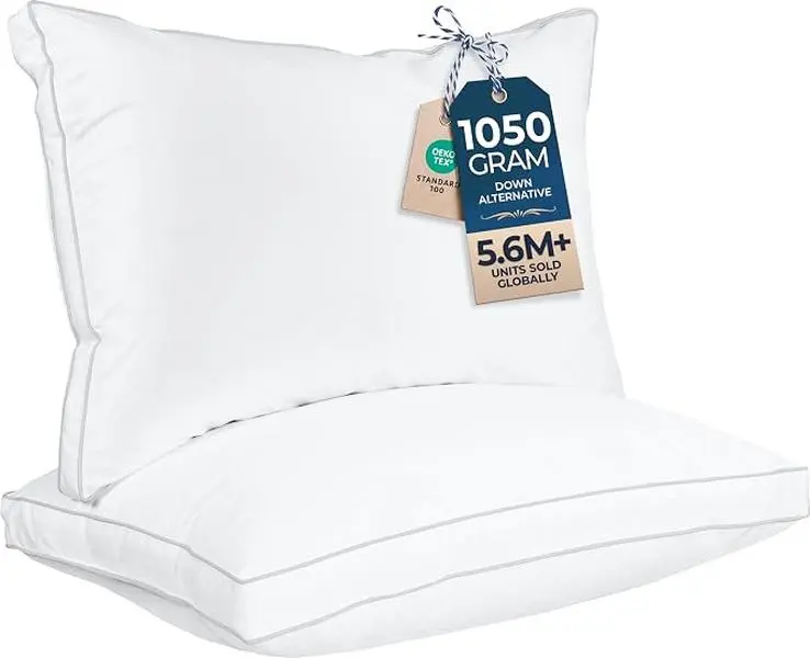 Queen Size Hotel Bed Pillows Set of 2, White Cotton-Blended Down-Alternative Pillows, Soft Fluffy Cooling for Back & Side Sleepers