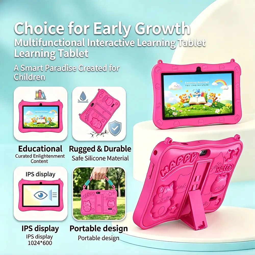 handheld 7-inch children's tablet, Learning Entertainment Tablet, Touchscreen Android Tablet, Touchscreen Tablets, Android 13 4GB RAM 64GB ROM shock-absorbing silicone cover, parents control learning software installation