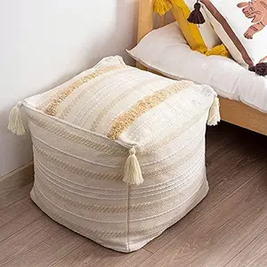 MOCOFO Boho Ottoman Square Footstool Pouf Cover 18"x18"x16"- Unstuffed Tufted Woven Seat with Tassels for Storage and Decor