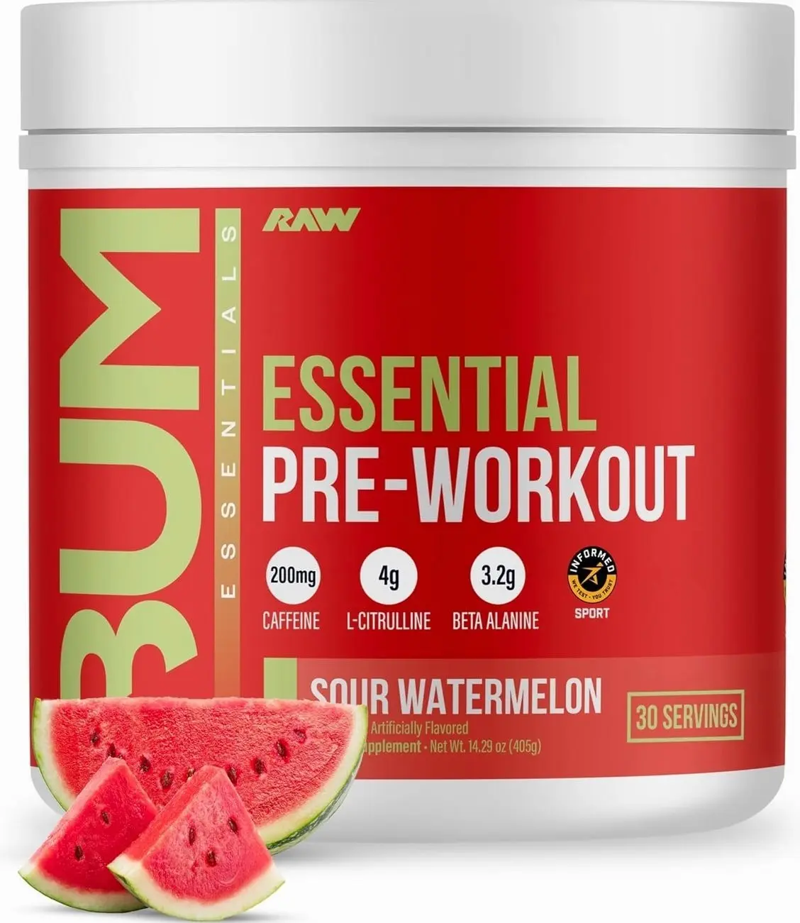 RAW Essential Pre-Workout Powder (Sour Watermelon) - Chris Bumstead Sports Nutrition Supplement for Men & Women - Preworkout Energy Powder with Caffeine, L-Citrulline, L-Tyrosine, & Beta Alanine Blend