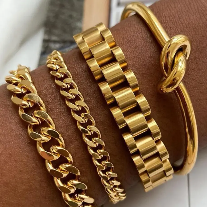 Minimalist Cuban Chain Bracelets & Knot Design Bangle, Fashionable Jewelry for Women & Men, Trendy Versatile & Exquisite Jewelry, Ideal Birthday Gift, Stackable Bracelets, Bracelet Set