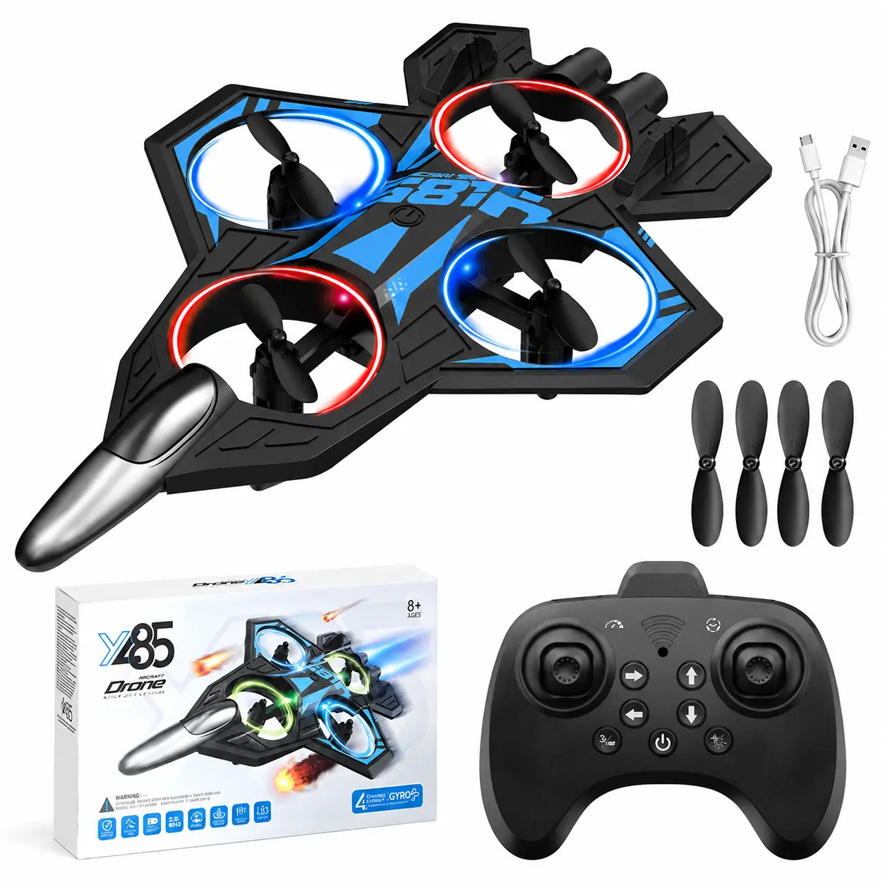 【Children's Day Gift】Y85 Fighter RC Plane Drone, 2.4GHz Remote Control Jet Aircraft with Full Propeller Protection, Cool RGB LED Light, One Key Takeoff/Landing, 360° Stunt Roll, Headless Mode Toy Quadcopter, Ideal Birthday Gift for Kids & Beginners