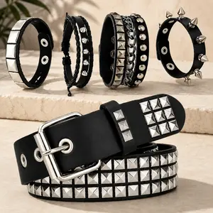 Punk Studded Belt & Bracelet Set for Women Men, Goth Y2K Emo Grunge PU Leather Belt with 4 Adjustable Spike Bracelets, Punk Rock Accessories for Concert Cosplay Halloween Outfit, Summervibes outdoorfun