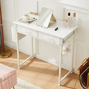 32-inch small computer desk with storage drawers, side organizer bag and headphone hook, sturdy metal frame with adjustable feet, compact study writing table for home office or bedroom woodworking workstation
