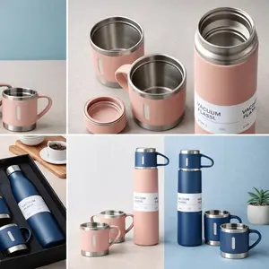 4PCS Stainless Steel Insulated Cup Set with 500ml Bottle & 3 Cups – Vacuum Flask Hot & Cold Drink Set for Travel, Business, School & Gifts