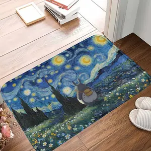 Starry Night Totoro Art Floor Mat - Van Gogh Inspired Landscape Print, Soft Non-Slip Washable, Art-Inspired Bath Mat, Rollable, Home Aesthetic Decoration for Living Room, Housewarming Gift, Art-Inspired Bath Mats, Rollable Bath Mats