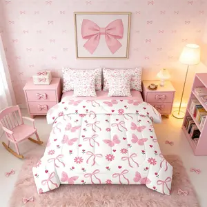 Butterfly Floral Bow Pink Girls 7 Piece Bedding Set,Ribbon Daisy Coquette Comforter Bed Set with Sheets,Flowers Kawaii Cute Bed Bag,Flowers Kawaii Bed Set
