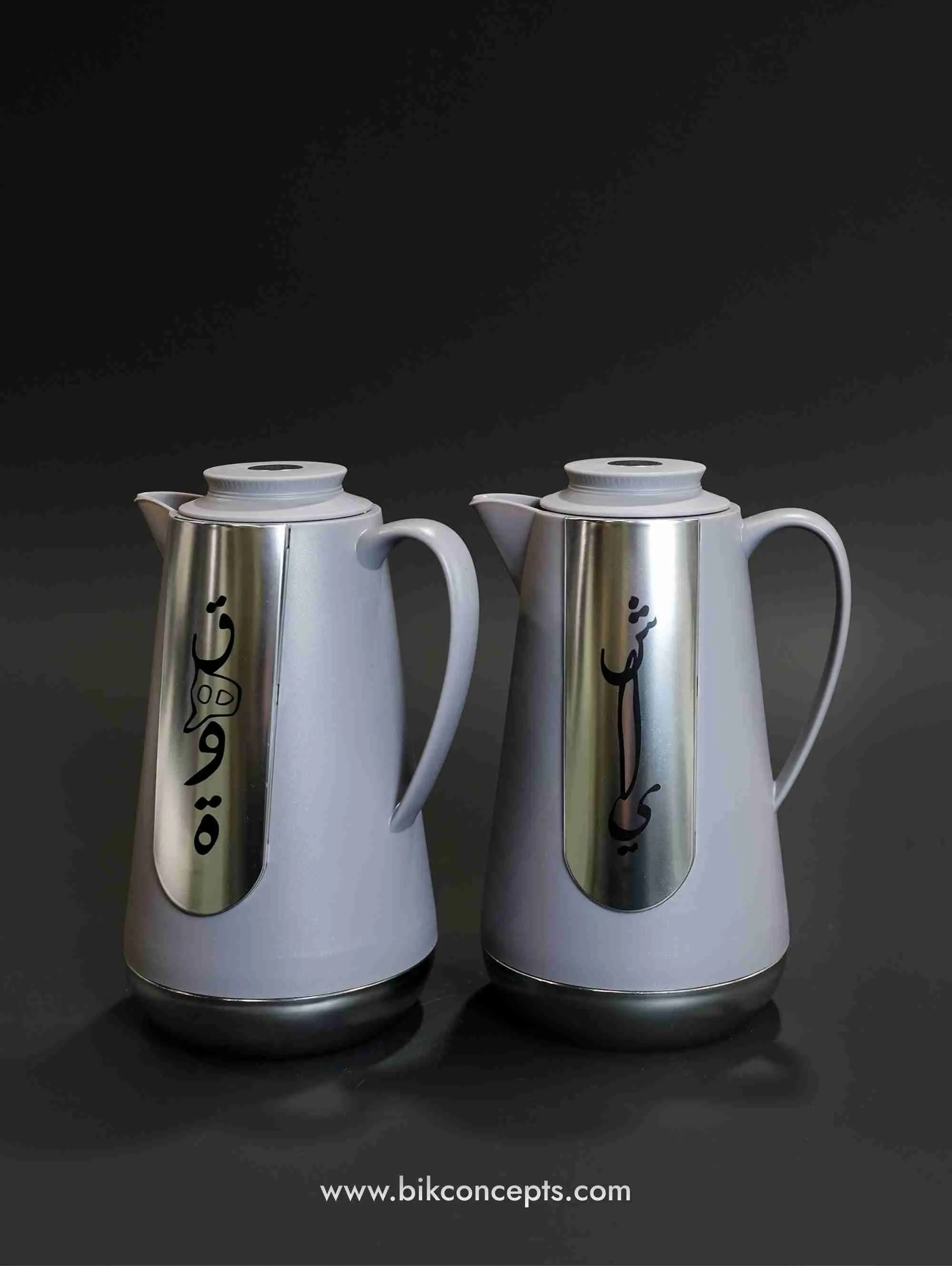 Modern Grey-Silver Arabic 2-Piece Insulated Flask Set with Airtight Lid, Ideal for Tea & Coffee, Featuring Calligraphy Design, Insulation