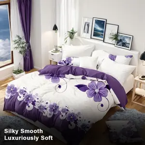 Mother's Day Sale | Purple & White Floral 9-Piece Bedspread Quilt Set | Includes 2 print + 4 solid curtains + 2 pillowcases | Ultra soft, wrinkle-free & machine washable | Queen/King/Cal-King
