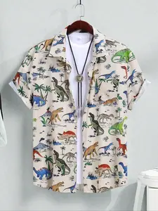 Men's Dinosaur Print Short Sleeve Shirt, Regular Fit Casual Button Down Collared Top for Summer, Fashion Men's Top for Daily Wear, Tropical, Animal Shirt, Casual Button Shirts