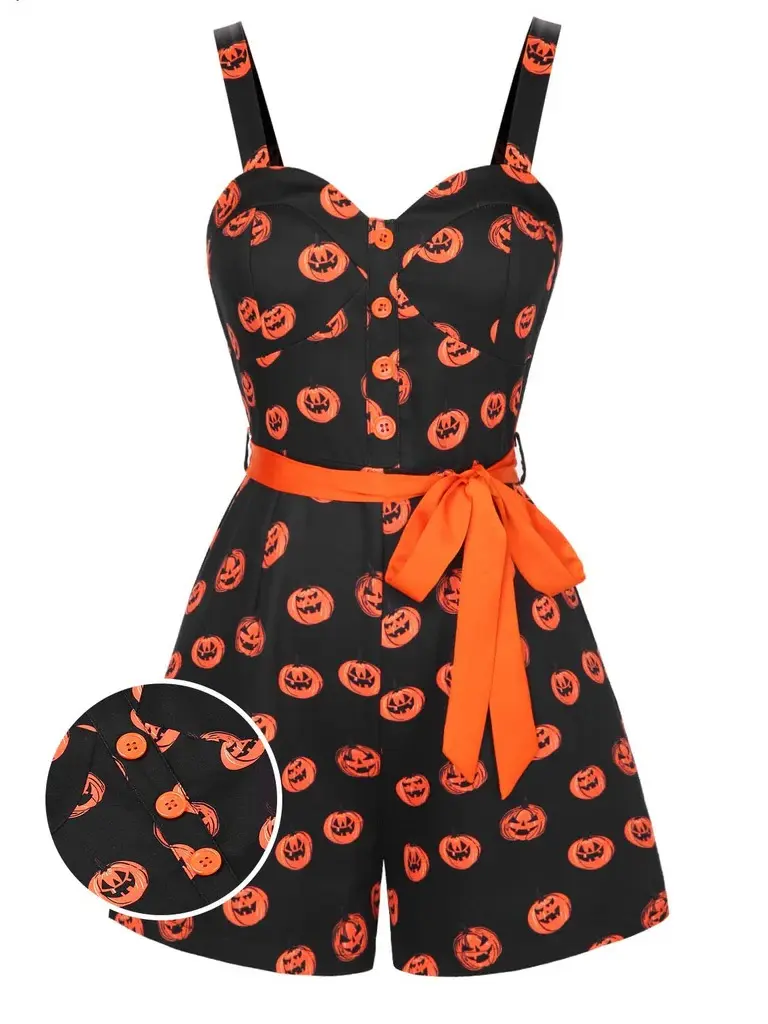 RETRO STAGE Women's 1950s Halloween Pumpkin Face Print Romper - Sleeveless Spaghetti Straps Polyester Playsuit with Belt, Concealed Zipper, Above-Knee Fit, XL Size for Watch Parties
