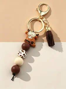 Highland Cow Silicone Beaded Trendy Cute Keychain with Tassel, Cute Cartoon Punk Style, Animal Theme, Lobster Clasp, Ideal Gift for Friends, Keychain for Bags