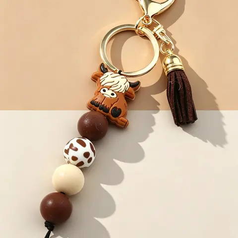 Highland Cow Silicone Beaded Trendy Cute Tassel Decorated Keychain with Tassel, Cute Cartoon Punk Style, Animal Theme, Lobster Clasp, Ideal Gift for Friends, Keychain for Bags, Animals Keychain Decor