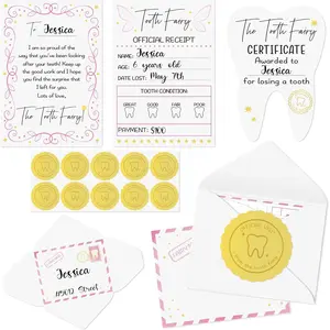 20 Set Pink Tooth Cards with Envelope and Fairy Letter for Kids, Lost Teeth Certificate Keepsake Postmark Gift Bag with Seal Stickers for Girls Boys Home School Award