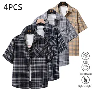 Pack of 4 men’s striped Western button-up shirts; plaid shirt with a notched collar,  cotton dress shirt fabric; regular fit;men’s tops ideal for summer beach trips, everyday outdoor activities. Polo Shirt Men's Quick Dry Set Lightweight,Collared Menswear