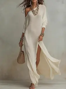 Women's European Style Off-Shoulder Long Sleeves Maxi Dress, Summer New Arrival Split Neckline Dress, Beach Vacation Skirt, Casual Boho Elegant, Fashionable, Stylish and Chic