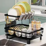 2-Tier Metal Iron Kitchen Organizer - Adjustable Extendable Spout Dish Drying Rack with Plates and Rack, Knife-Cup-Utensil Storage Combo for Counter, Home Goods, Apartment Accessories, Storage Organization