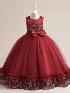 4-14Y Maroon Kids Clothes Embroidery Bow Flower Girls Princess Tulle Overlay Dress Long Ball Gown Frock Children Formal Evening Party Banquet Pageant Prom Host Cocktail Dress