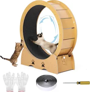 Cat Exercise Wheel, Wooden Cat Running Treadmill with Carpeted Runway for Indoor Cats, Low Noise Removable Carpet Cat Wheel for Kitty Running Walking Training