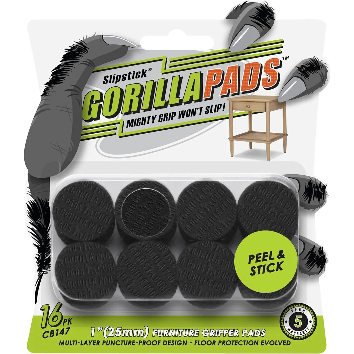 GorillaPads CB147 Non-Furniture Gripper Pads (Set of 16) for Home Improvement, 1 inch Round Black Anti-Base Layer Self-Protectors