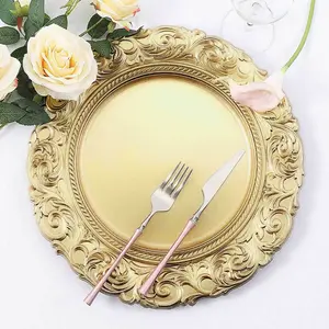 6-Pack Acrylic Charger Plates 14" Round Gold with Engraved Baroque Rim - Vintage Disposable Decorative Chargers