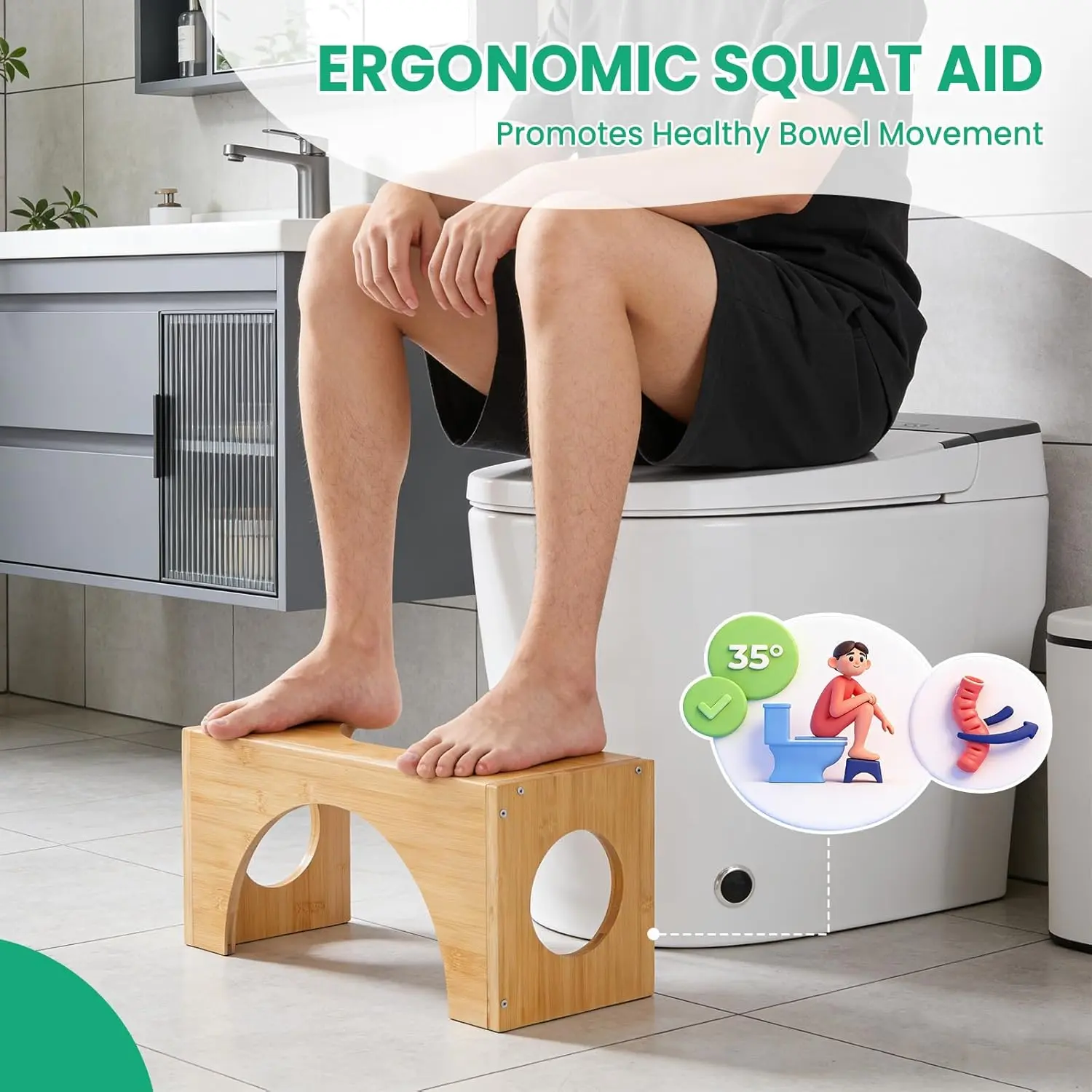 Adjustable Flip Toilet Stool - 7in-9in Heights, Brown, Bathroom Use Posture Aid for Improved Bathroom Comfort