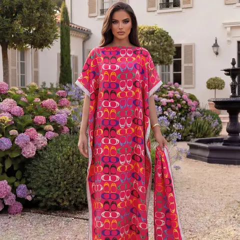 Women's Geometric Print Fitted Robe Set, Elegant Long Dress & Headscarf, Beach Sun Protection Satin Scarf, All Seasons Fashion, Beachwear, Casual Beach Style, Summer, Boho Summer Holiday, Casual boho bohemian