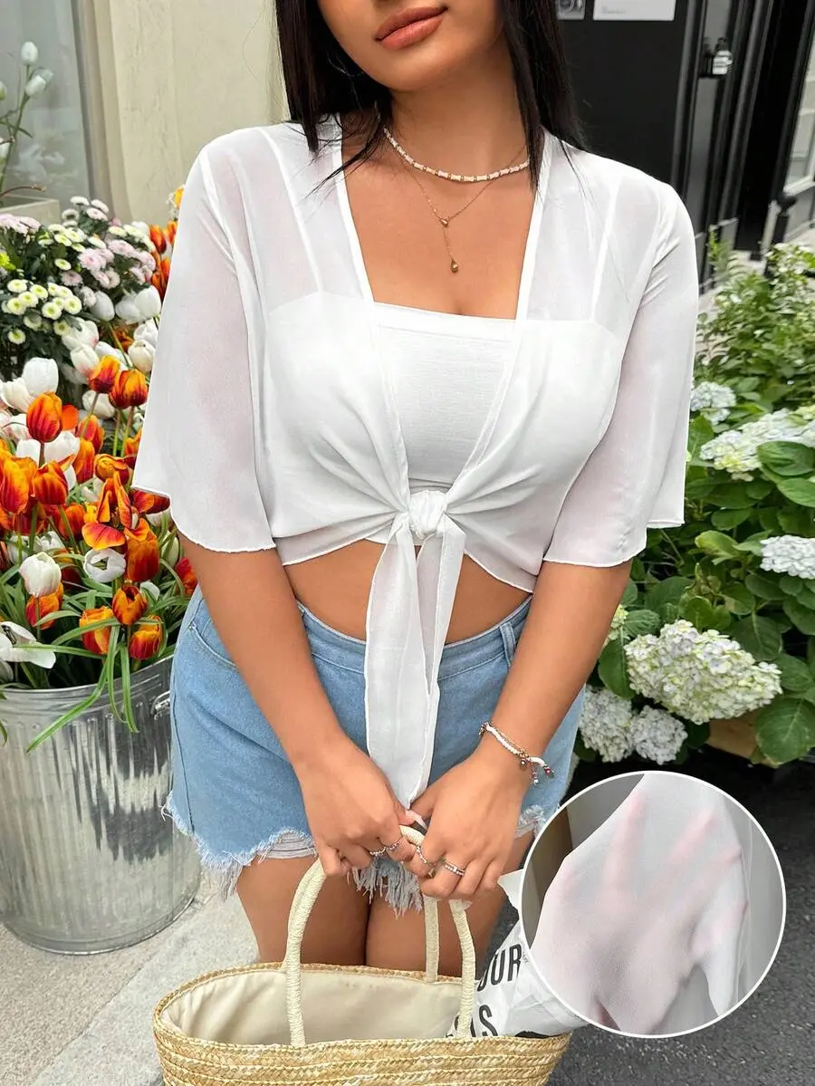 ENZO White Semi-Sheer Plus Size Light Jacket, Minimalist Elegant Fashion Casual For Everyday Wear Beach Formal Summer