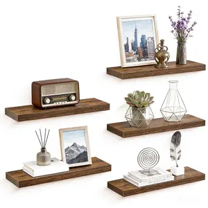 3/4/5 PCS Floating Wall Shelves - Rustic Wood Display Shelf for Living Room with Metal Brackets, 60x20cm/40cmx20cm Size, Picture Frames & Plant Holder