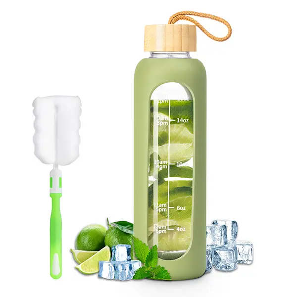 18 oz glass water bottle with time markings, leakproof design with silicone sleeve, suitable for office and gym, green color