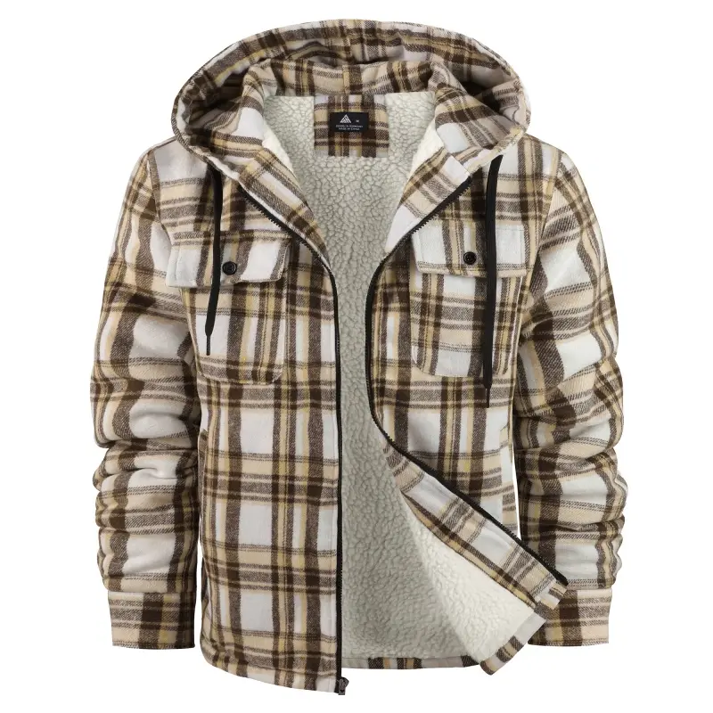 ZITY Men's Fleece Shirt Jacket - Wool Sherpa Lined, Plaid, Full Zip Hoodie, Winter Coat with Hood & Pockets, Stylish Classic Fashion Menswear, Long Sleeve, Zipper Closure, Warm Comfortable, Layer Over Shirts, Casual