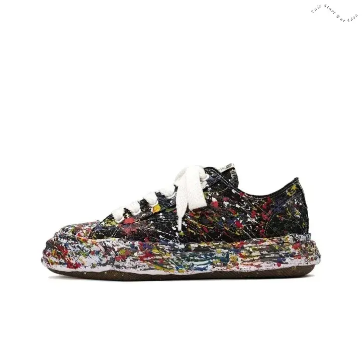 Low Top Canvas Casual Sneakers, Colorful Paint Splatter Printed Upper, Multi-color Wavy Thick Platform Sole, Wear Resistant Rubber Outsole, Lightweight Design, Street Fashion, Daily Walking Wear, Comes With Original Shoe Box