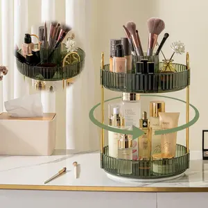360° Rotating Makeup Organizer, High-Capacity Bathroom Countertop Vanity Organizers, 2 Tier Spinning Skincare Storage, for Perfume/Cosmetic/Makeup Brushes/Lotion（Green）