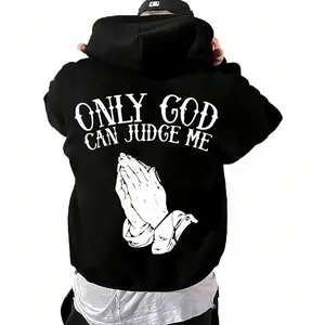 Men's Oversized Breathable Fabric Hoodie Sweatshirt - "Only God Can Judge Me" Graphic, Praying Hands, Streetwear Longsleeve Pullover Casual Black Menswear Top, Sweatshirts