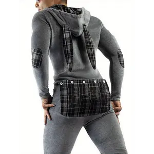 Casual Men Bodysuit, Long Sleeve Rabbit Ears Hooded Button Collar Long Trousers Openable Hip for Autumn Menswear Overalls