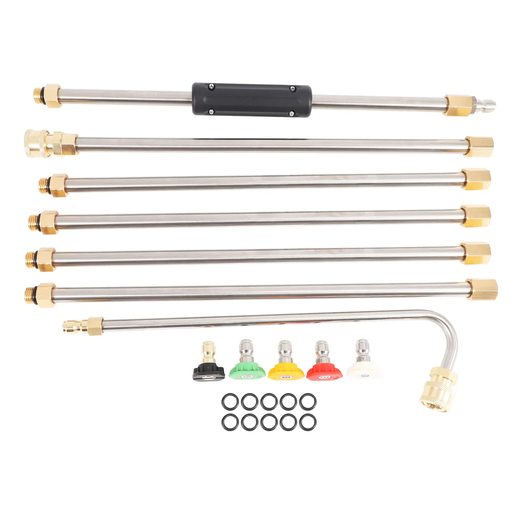 Metal Pressure Washer Gutter Cleaning Tool - 4000 PSI Extension Wands, 1 120 Degree Curved Rod, 6 Straight Rods, Adjustable Nozzle Length, 5 Nozzles, 10 O-Rings, Roof Cleaner Lance, for Brick Cleaning