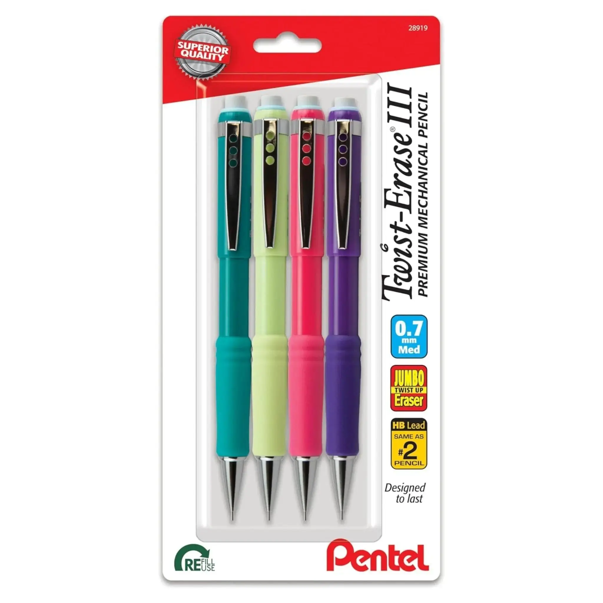Pentel Twist-Erase 3 Mechanical Pencils Set, 4-Pack Office Stationery with HB Lead, Extra-Soft Latex-Free Grip, Pre-Filled Precision Marking Tools & Clean Corrections Eraser