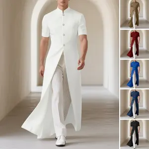 INCERUN Men's Vintage Soft Long Cardigan Blazer - Stand Collar, Short-Sleeve, Smooth Plain Fabric, Split Hem, Elegant Menswear for Daily & Party Occasions
