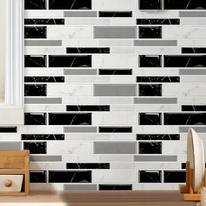 12/24pcs Marble Effect Peel and Stick Tile Stickers, Self Adhesive Tiles, Black White 3D Texture Waterproof Oil-Proof, Plaid Pattern Rectangular PVC Wall Tiles, Easy Application for Indoor Kitchen Bathroom Decoration Home Decor