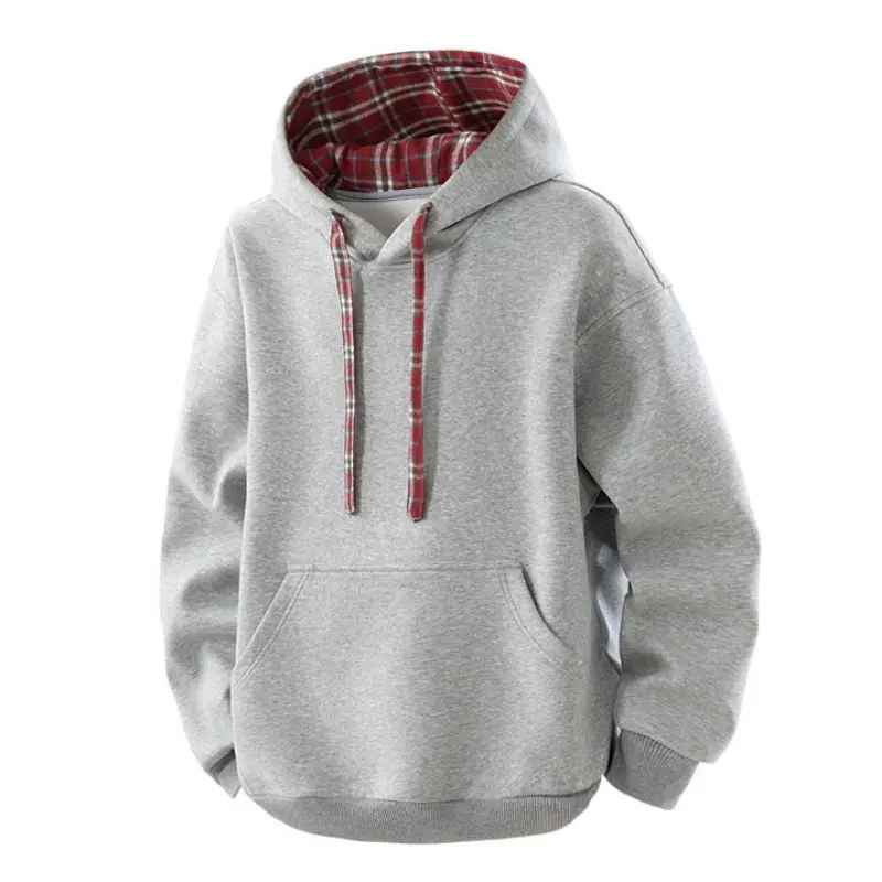 Men's and women's same long-sleeved crew neck hooded sweater, red plaid hoodie, solid color casual coat, kangaroo pocket, new spring models, school season, Valentine's Day gifts.