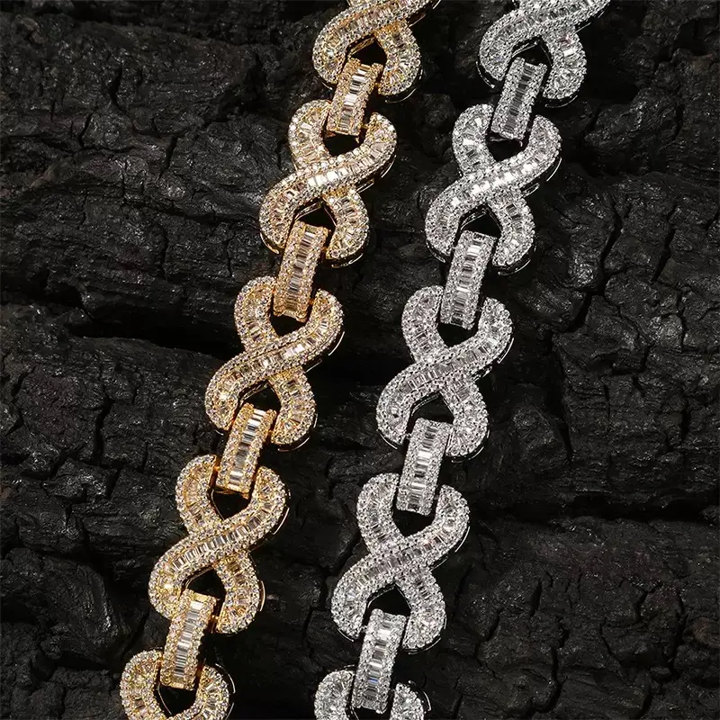 9166 8-Shaped Infinity Link Chain | Fully Sparkling Two-Tone Hip Hop Jewelry, Iced Out Baguette Cut Bling for Men & Women